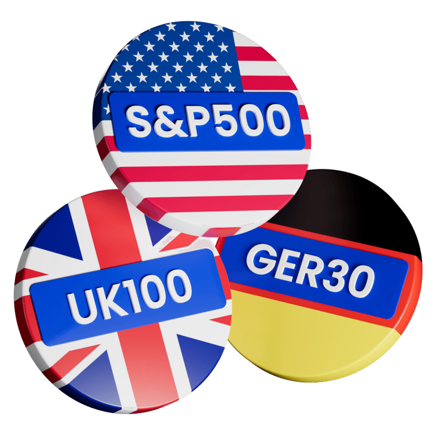 标普500、英国100与德国30股指徽标示意图