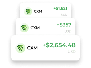 CXM 返利交易历史记录显示付款金额为 1,621 美元、357 美元和 2,654.48 美元